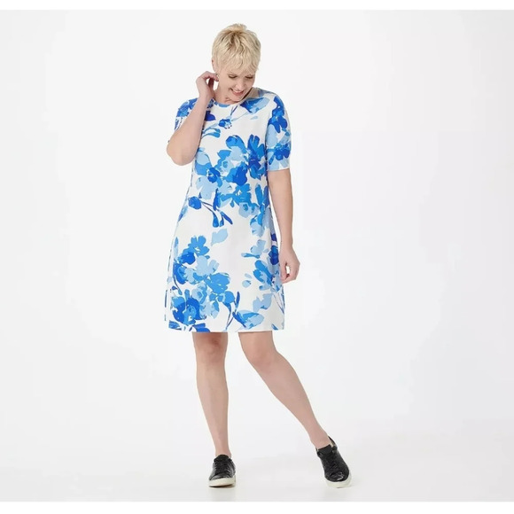 ISAAC MIZRAHI LIVE! ENGINEERED FLORAL KNIT FIT & FLARE DRESS - BLUE White SZ XS - Picture 1 of 12